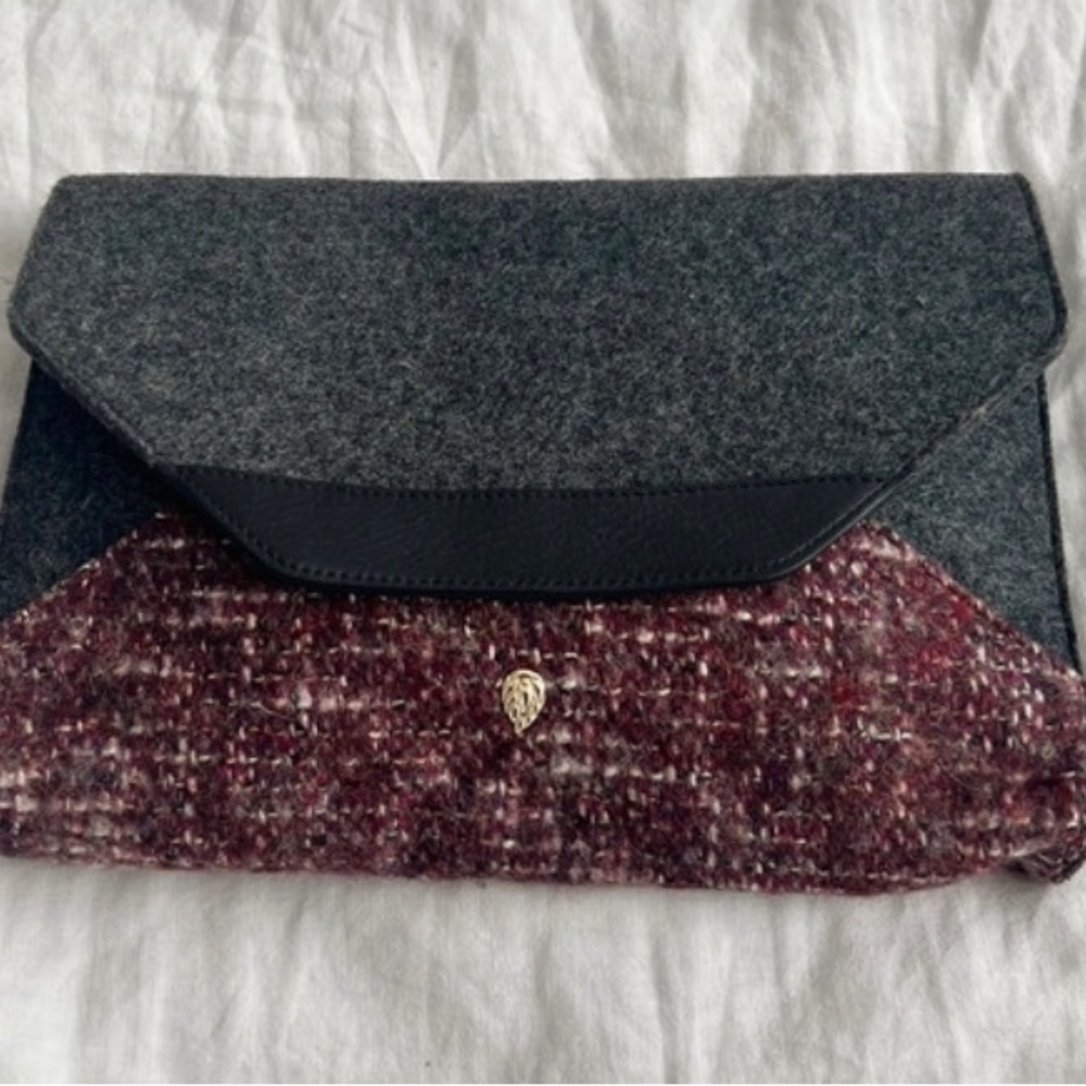Helen Kaminski tweed, wool clutch bag with leather trim.